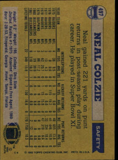 1982 Topps #497 Neal Colzie back image