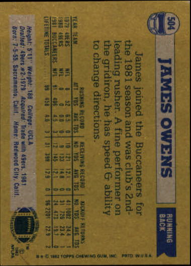1982 Topps #504 James Owens back image