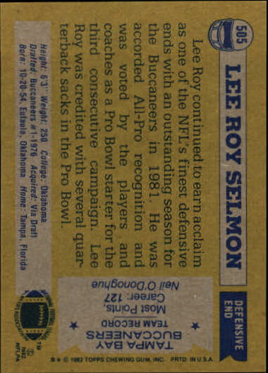 1982 Topps #505 Lee Roy Selmon AP back image