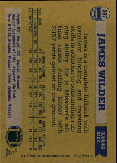 1982 Topps #507 James Wilder RC back image
