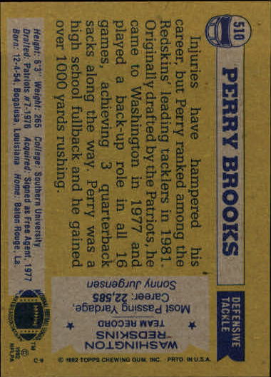 1982 Topps #510 Perry Brooks back image