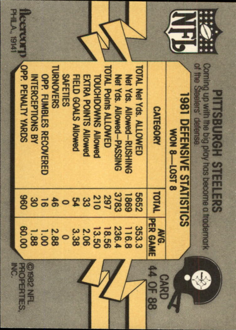 1982 Fleer Team Action #44 Pittsburgh Steelers back image