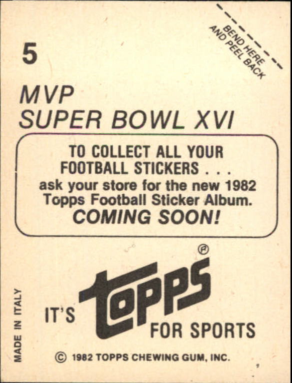 1982 Topps Coming Soon Stickers #5 MVP Super Bowl XVI/(Joe Montana) back image