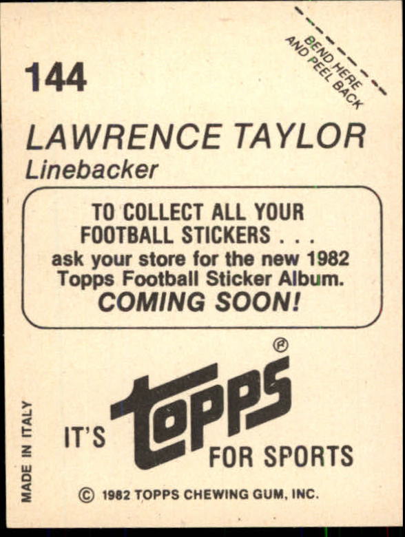 1982 Topps Coming Soon Stickers #144 Lawrence Taylor AP back image