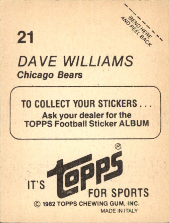 1982 Topps Stickers #21 Dave Williams RB back image