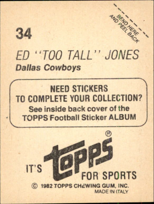 1982 Topps Stickers #34 Ed Too Tall Jones back image