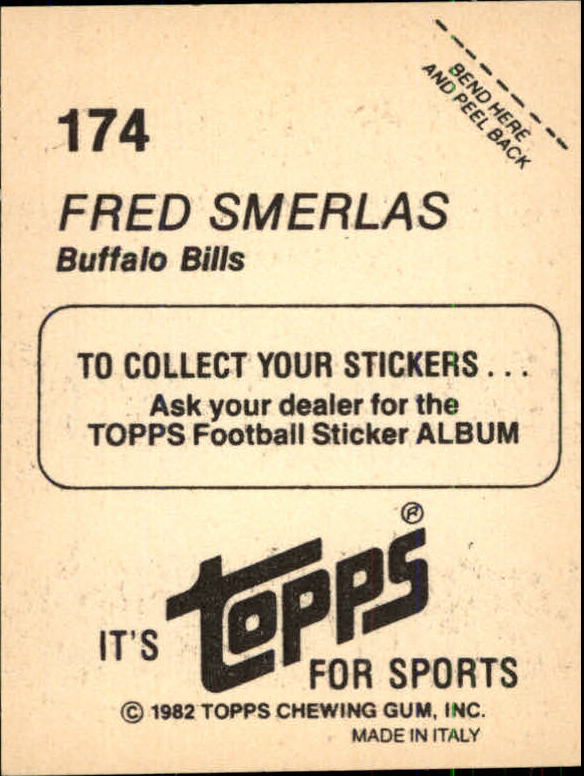 1982 Topps Stickers #174 Fred Smerlas back image