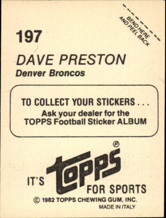 1982 Topps Stickers #197 Dave Preston back image