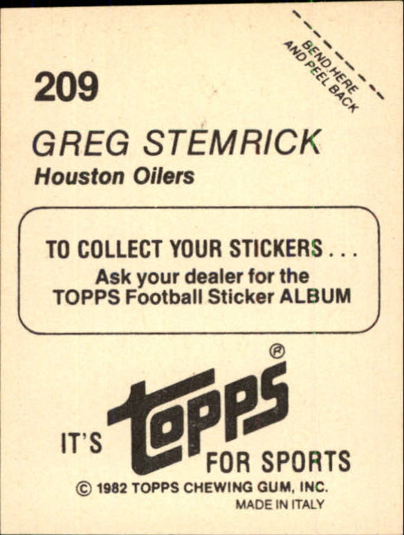 1982 Topps Stickers #209 Greg Stemrick back image