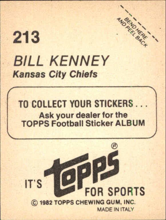 1982 Topps Stickers #213 Bill Kenney back image