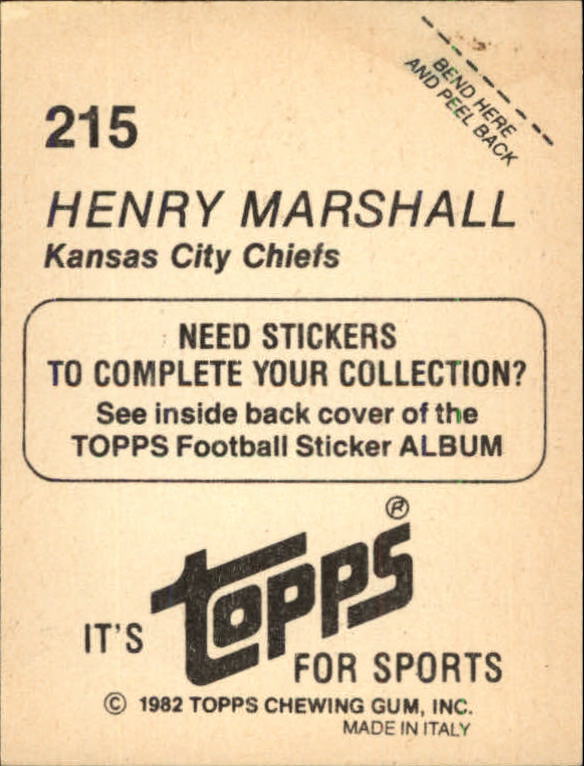 1982 Topps Stickers #215 Henry Marshall back image