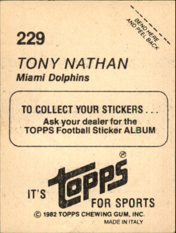1982 Topps Stickers #229 Tony Nathan back image