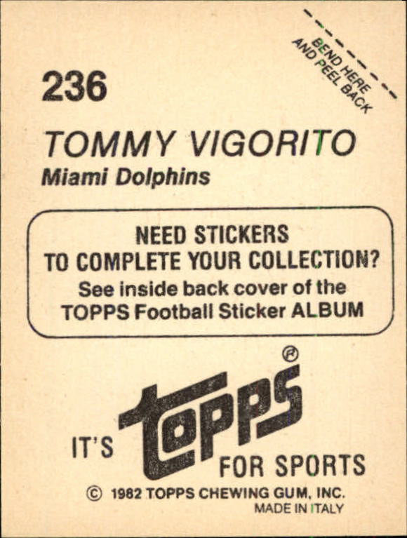 1982 Topps Stickers #236 Tommy Vigorito back image