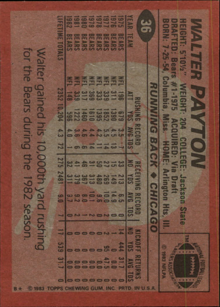 1983 Topps #36 Walter Payton back image