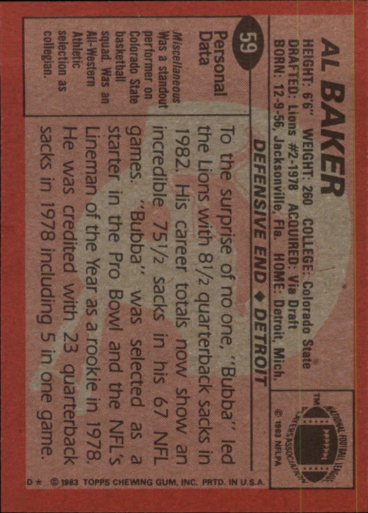 1983 Topps #59 Al(Bubba) Baker DP back image