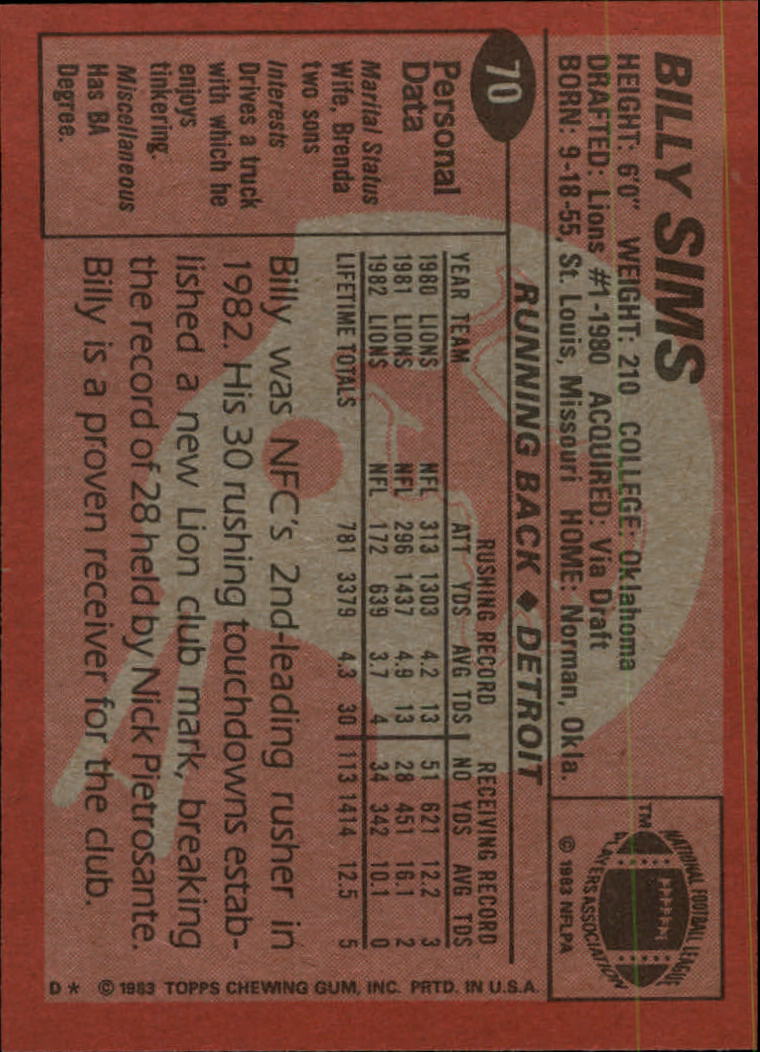 1983 Topps #70 Billy Sims DP PB back image