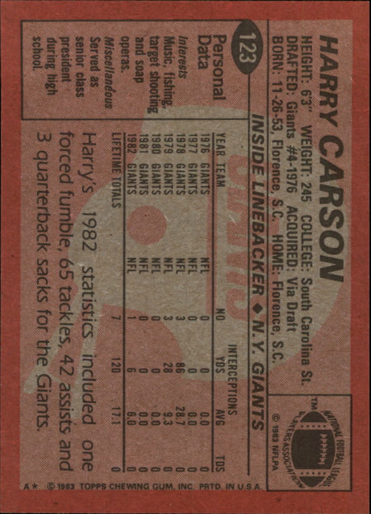 1983 Topps #123 Harry Carson PB back image