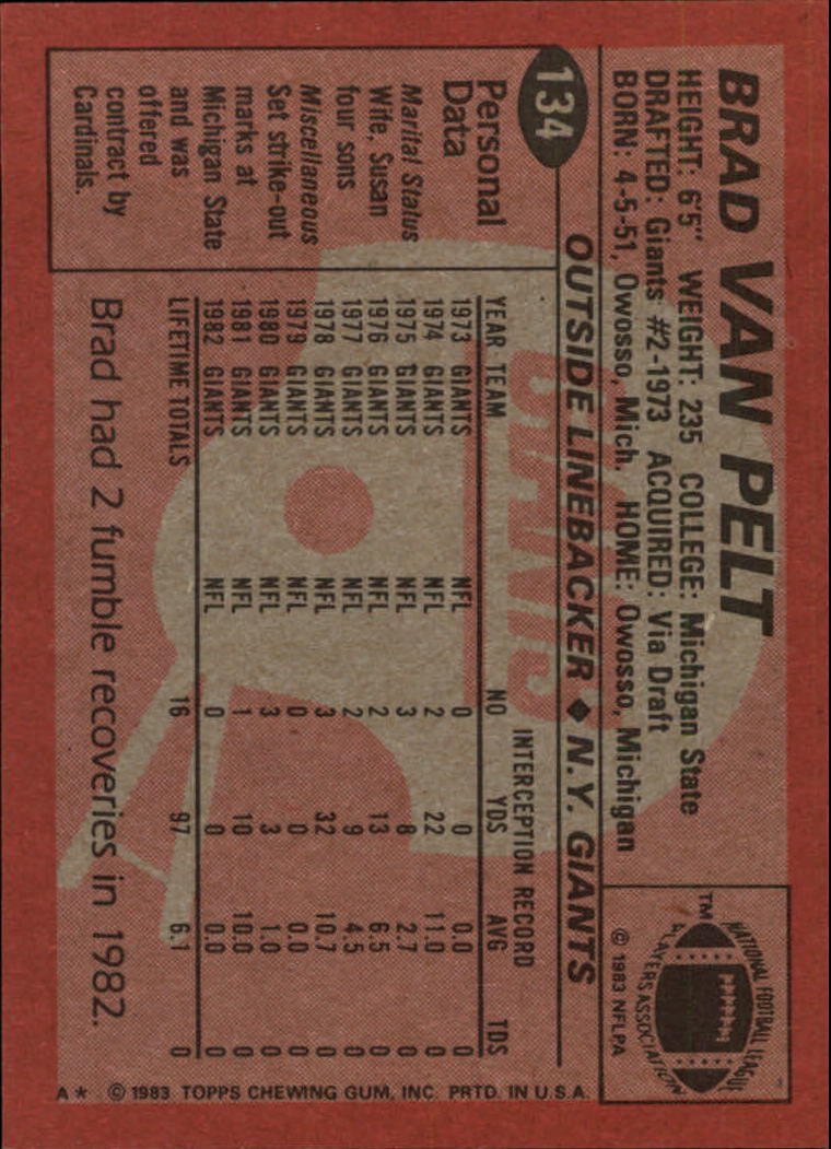 1983 Topps #134 Brad Van Pelt back image