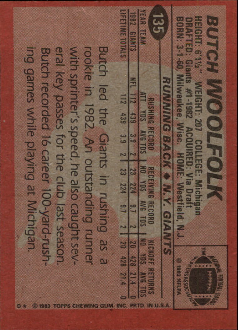 1983 Topps #135 Butch Woolfolk DP RC back image