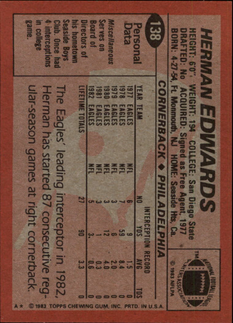 1983 Topps #138 Herman Edwards back image