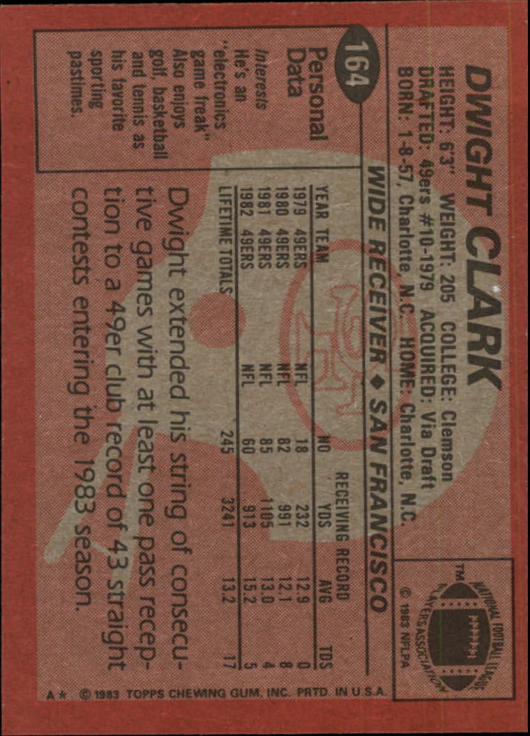 1983 Topps #164 Dwight Clark PB back image