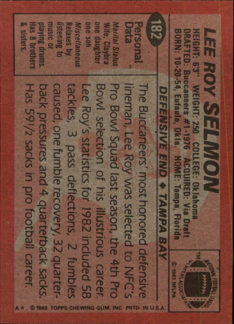 1983 Topps #182 Lee Roy Selmon PB back image