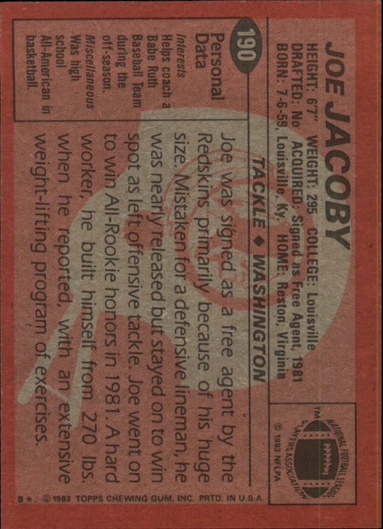 1983 Topps #190 Joe Jacoby RC back image