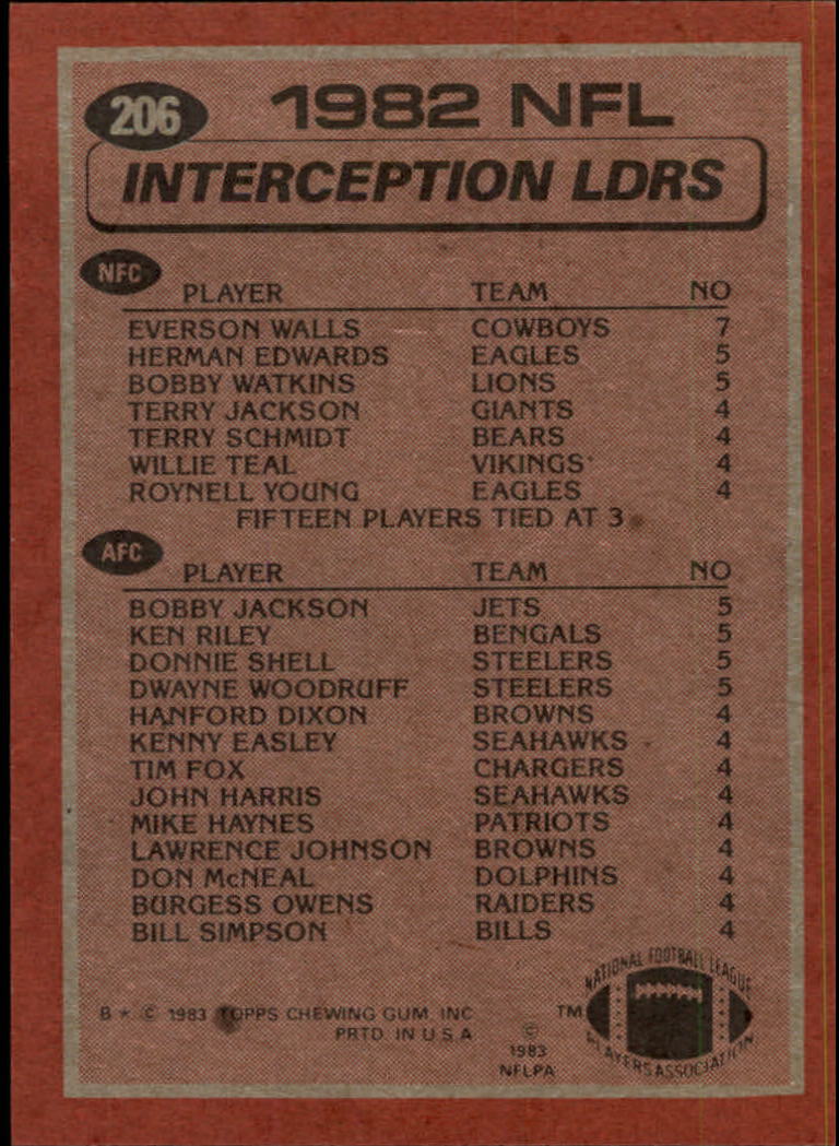 1983 Topps #206 Interception Leaders/Everson Walls/AFC Tie (Four) back image