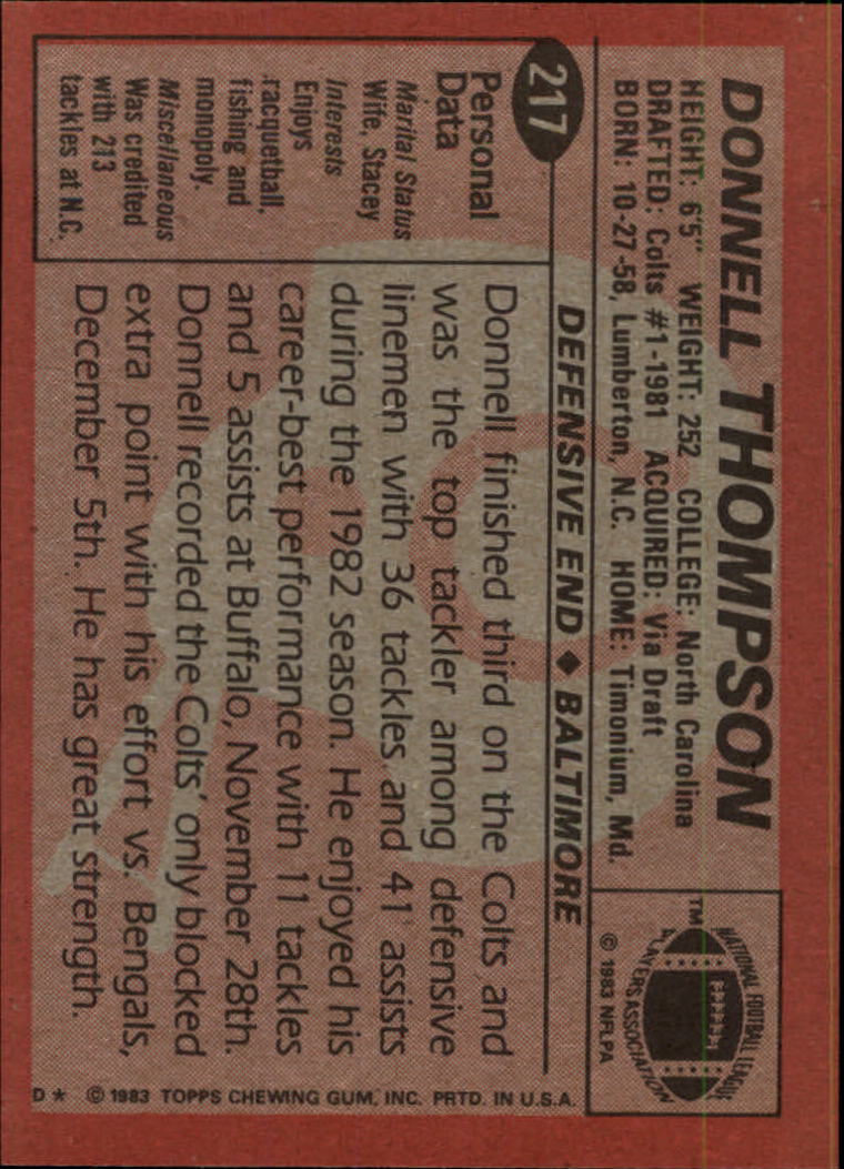 1983 Topps #217 Donnell Thompson DP RC back image