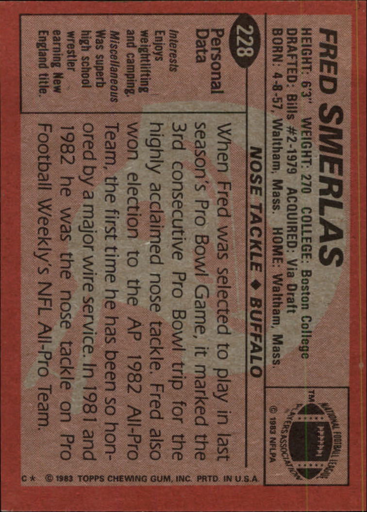 1983 Topps #228 Fred Smerlas DP PB back image