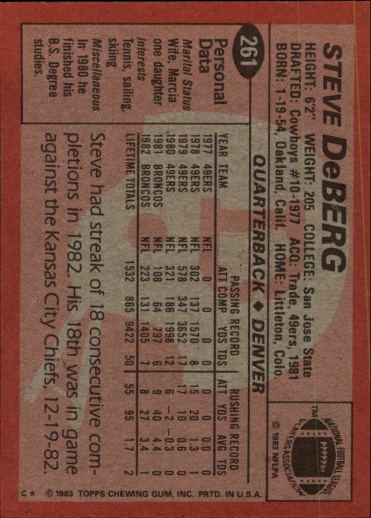 1983 Topps #261 Steve DeBerg DP back image