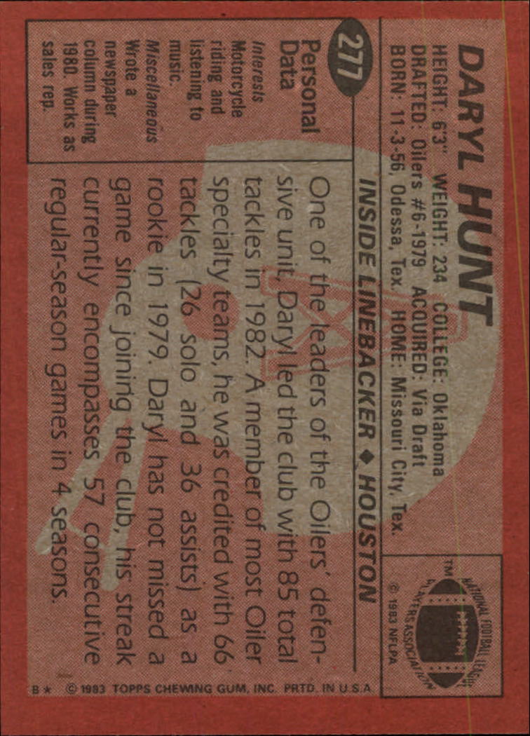 1983 Topps #277 Daryl Hunt RC back image