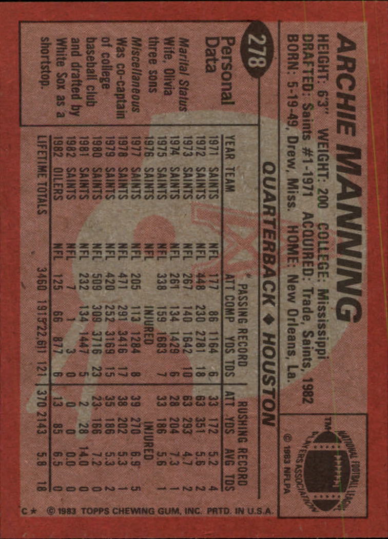 1983 Topps #278 Archie Manning DP back image