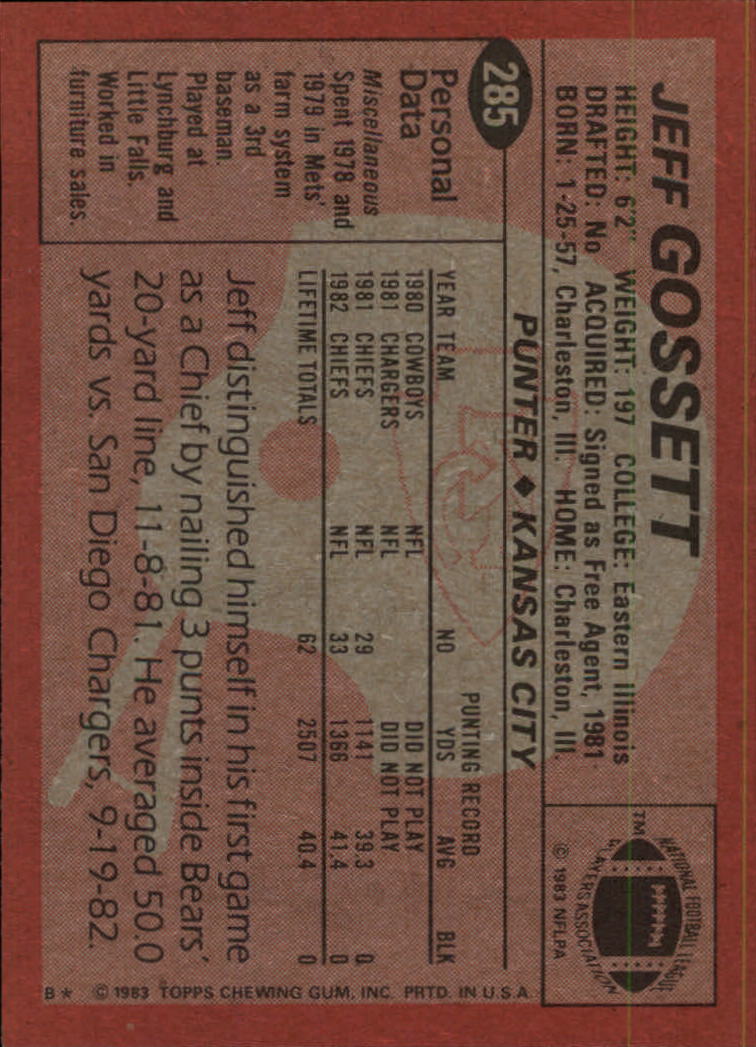 1983 Topps #285 Jeff Gossett RC back image
