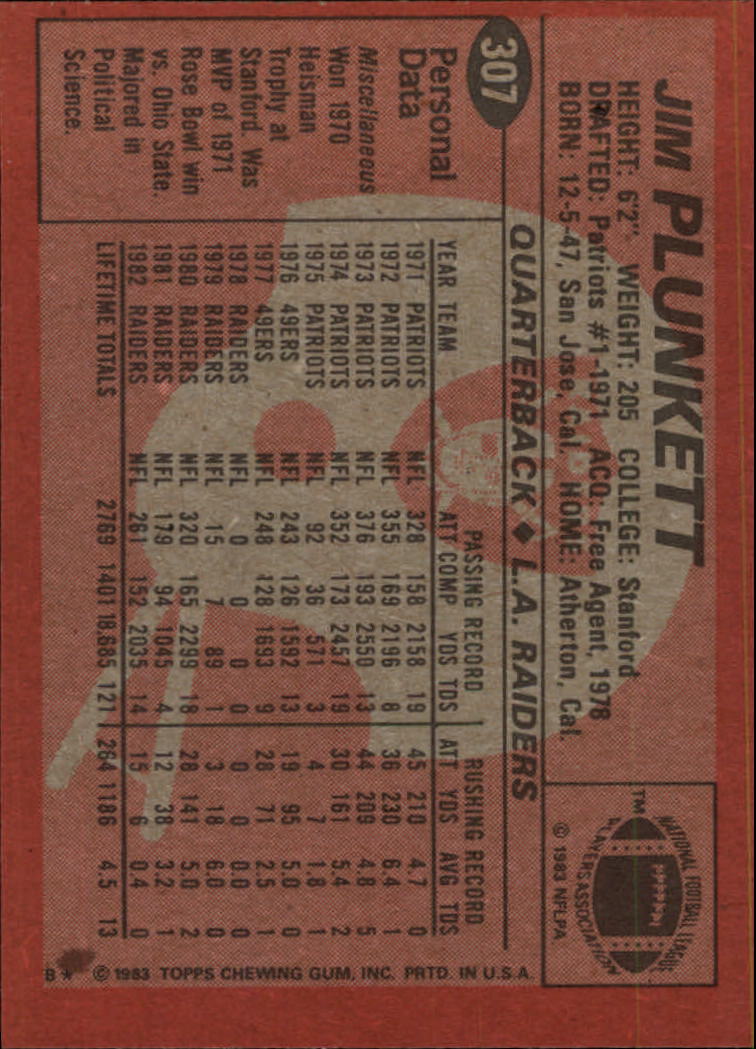 1983 Topps #307 Jim Plunkett back image
