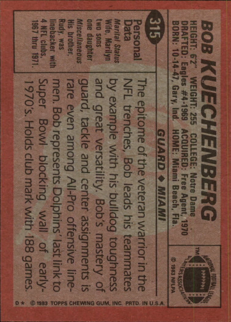 1983 Topps #315 Bob Kuechenberg DP back image