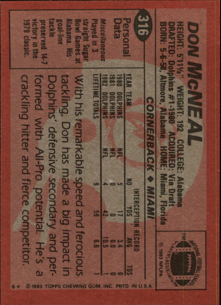 1983 Topps #316 Don McNeal RC back image