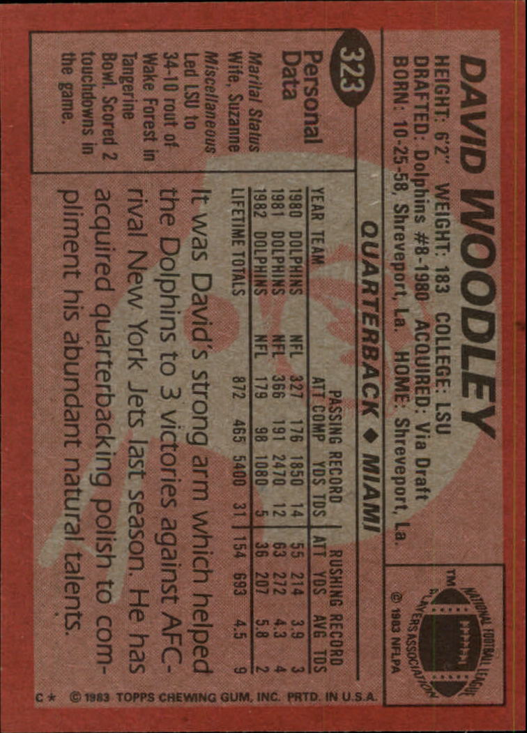 1983 Topps #323 David Woodley DP back image