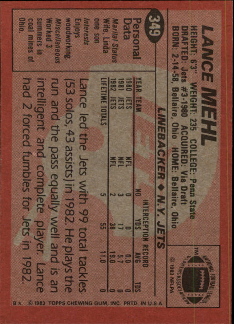 1983 Topps #349 Lance Mehl RC back image