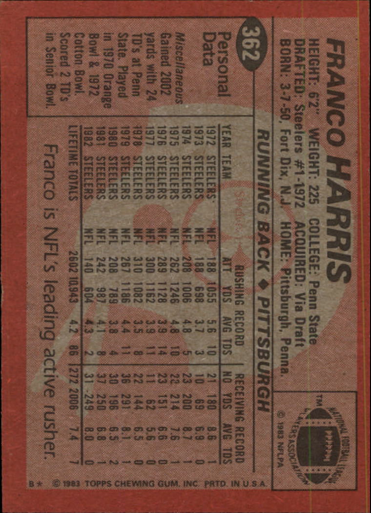 1983 Topps #362 Franco Harris back image