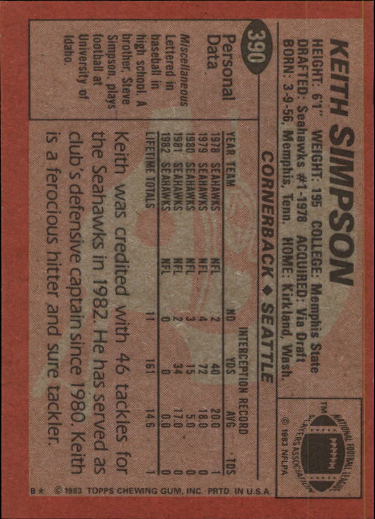 1983 Topps #390 Keith Simpson back image
