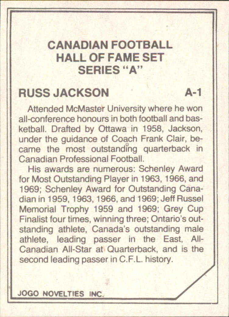 1983 JOGO Hall of Fame A #A1 Russ Jackson back image