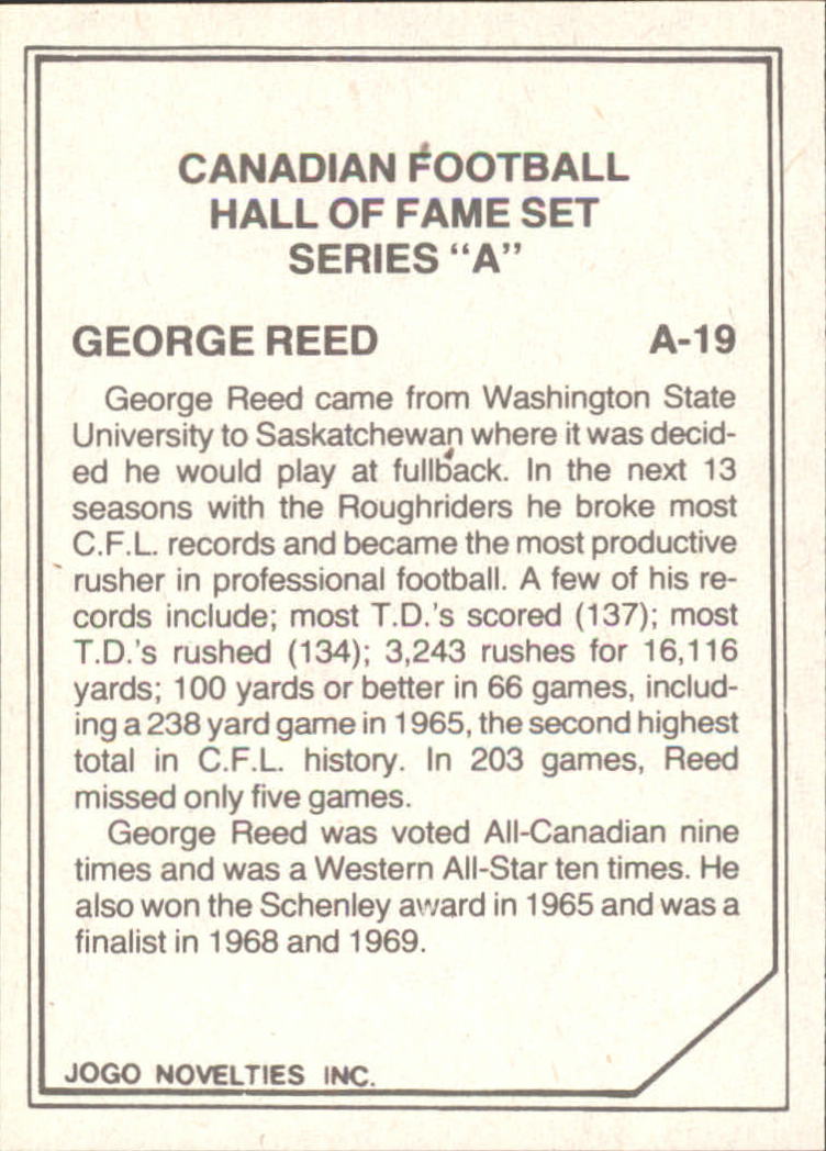 1983 JOGO Hall of Fame A #A19 George Reed back image