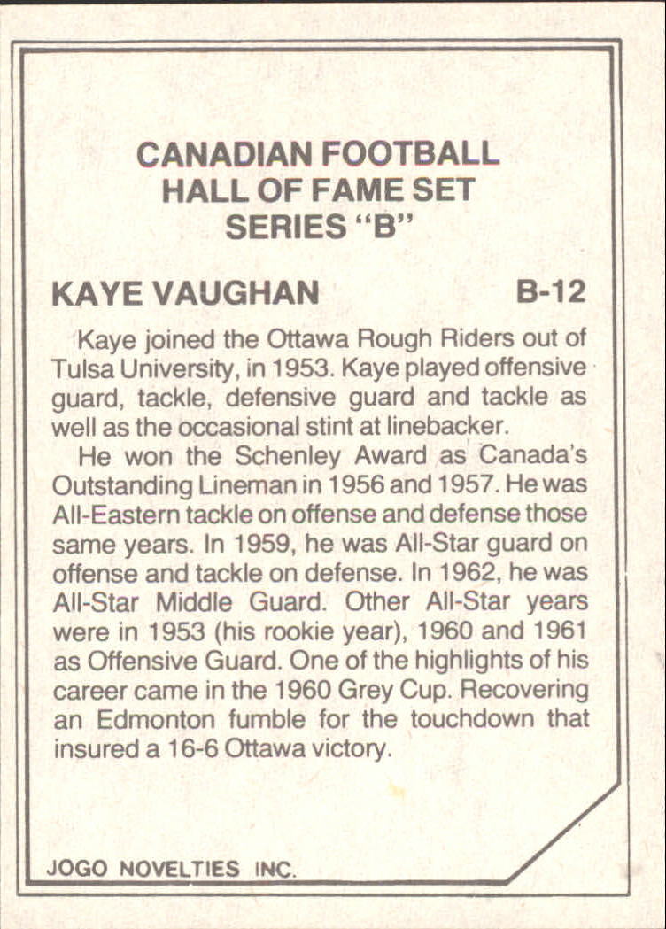 1983 JOGO Hall of Fame B #B12 Kaye Vaughan back image