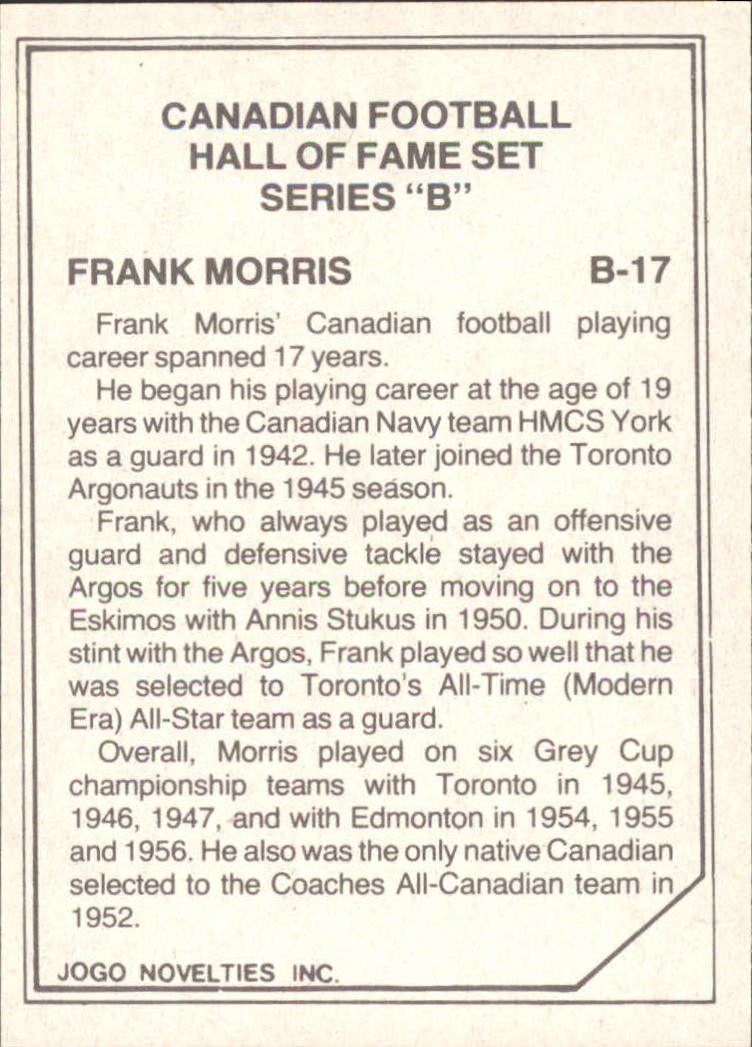 1983 JOGO Hall of Fame B #B17 Frank Morris back image