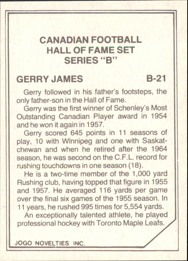 1983 JOGO Hall of Fame B #B21 Gerry James back image
