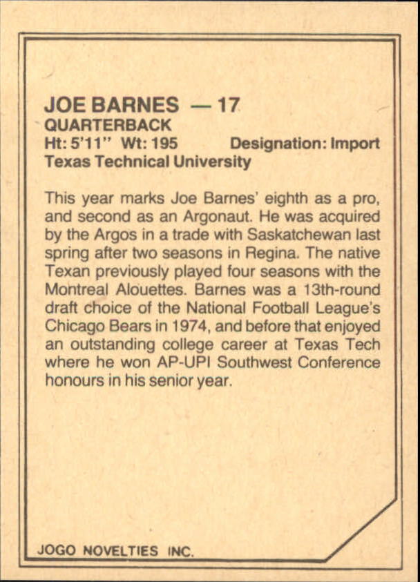 1983 JOGO Limited #2 Joe Barnes back image