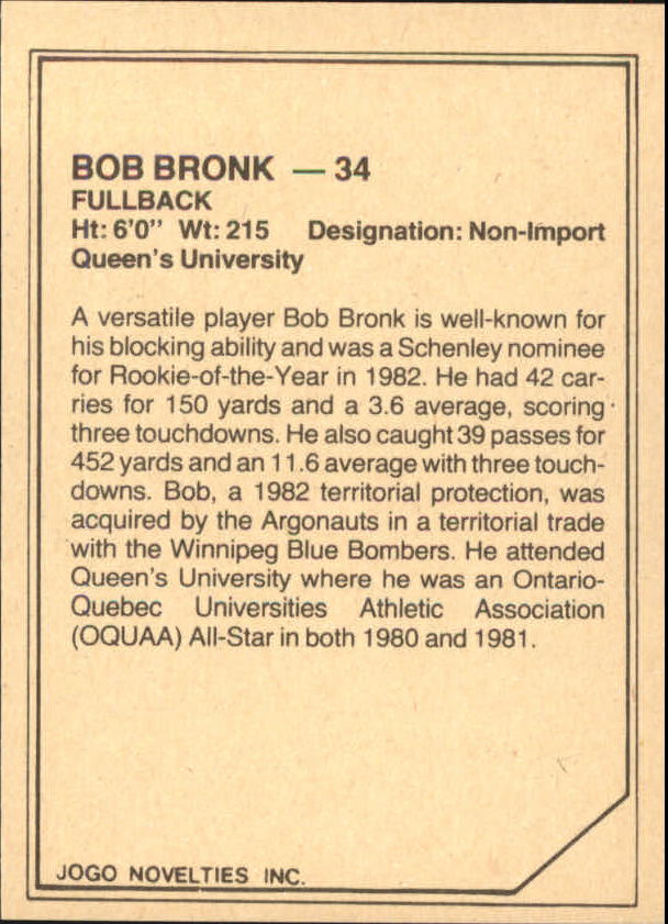 1983 JOGO Limited #3 Bob Bronk back image