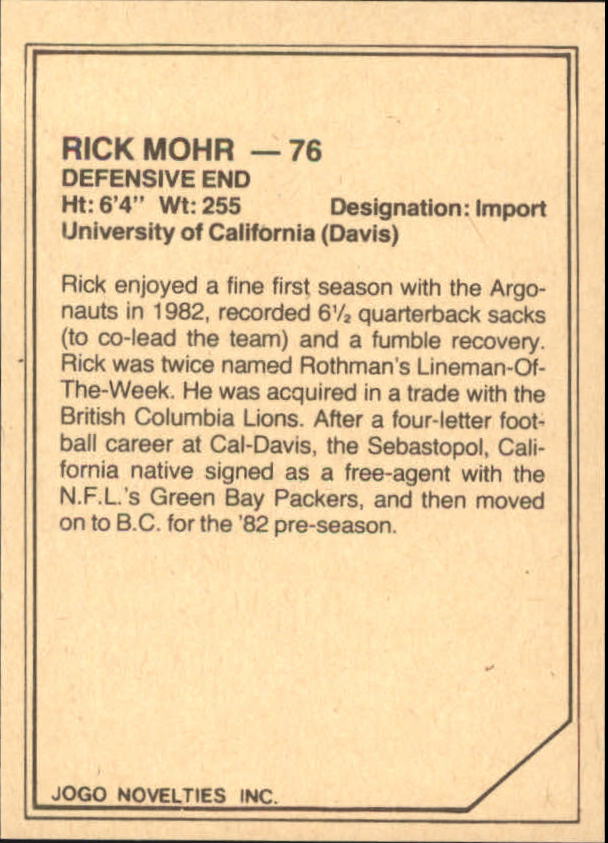 1983 JOGO Limited #15 Rick Mohr back image