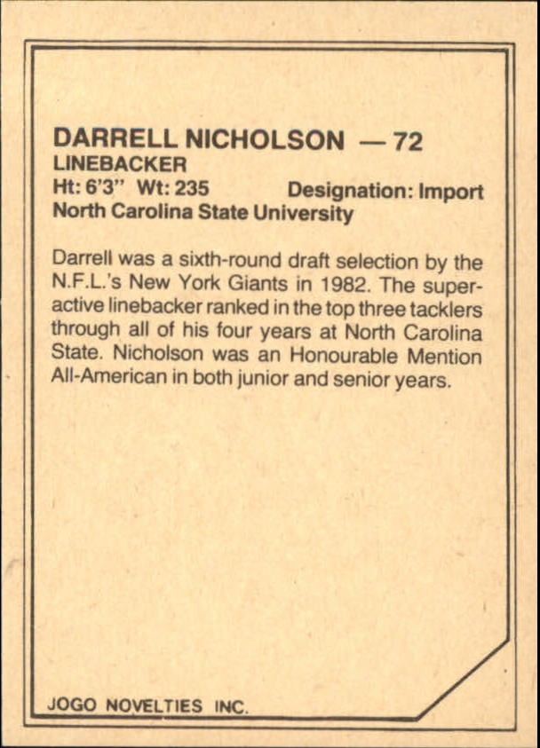 1983 JOGO Limited #16 Darrell Nicholson back image